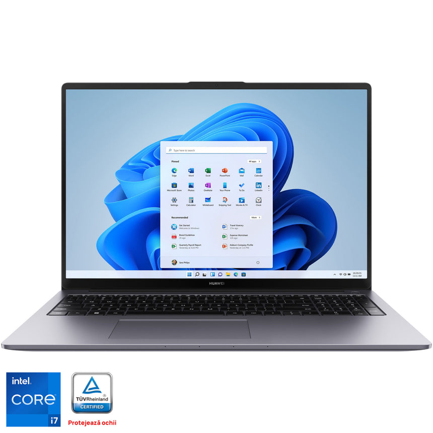 Laptop HUAWEI MateBook D16, Intel® Core™ i7-12700H pana la 4.70 GHz pana la 4.7GHz, 16" Full HD 16:10, 16GB, SSD 512GB, Intel Iris® Xe, NFC,Windows 11 Home, Space Gray