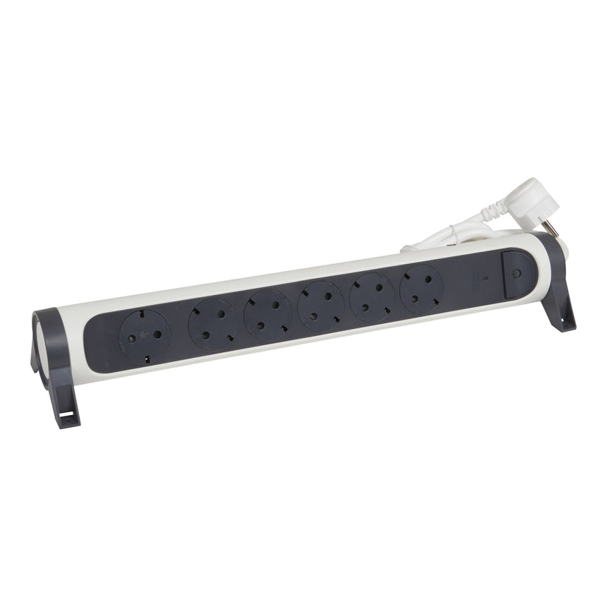 Prelungitor rotativ Legrand Revolution L694526, cu intrerupator iluminat, 6 prize, protectie ultrasarcina, indicator LED, sectiune cablu 3x1.5mm, cordon, 1.5m, Alb/Gri