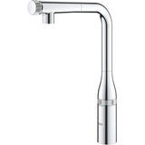 Baterie de bucatarie Grohe Essence Smartcontrol 31615000, 3/8'', pipa inalta, tip L, dus extractabil, 2 functii, control push&turn, pivotanta, limitator, Crom