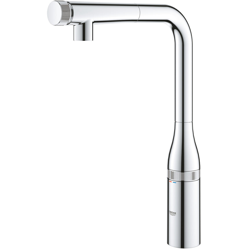 Baterie de bucatarie Grohe Essence Smartcontrol 31615000, 3/8'', pipa inalta, tip L, dus extractabil, 2 functii, control push&turn, pivotanta, limitator, Crom
