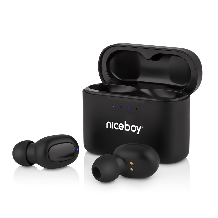 Casti audio in-ear Niceboy HIVE Podsie 3, True Wireless, Bluetooth 5.1, Noise Reduction, Microfon, asistent vocal, mod Gaming, aplicatie mobila, control tactil, IP54, incarcare rapida, autonomie de pana la 35 ore, Negru