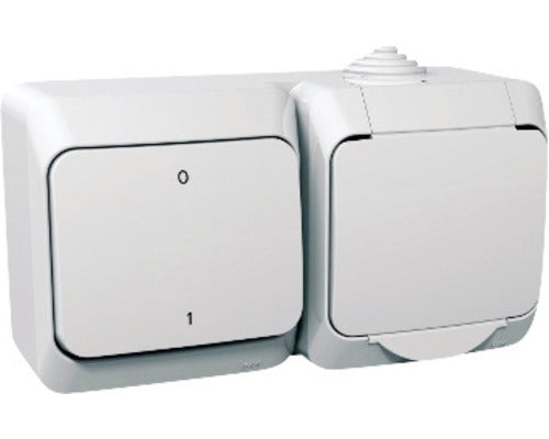 Intrerupator bipolar & Priza Schneider Cedar Plus WDE000502, IP44 alb, montaj aplicat orizontal