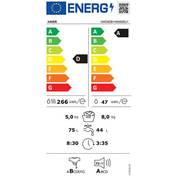 Masina de spalat rufe cu uscator Slim Haier HWD80-B14959S8U1S, 8 kg spalare, 5 kg uscare, 1400 rpm, Clasa A, Motor Direct Motion, Wi-Fi, iRefresh, ABT, Pillow Drum, Dual Spray, Antracit