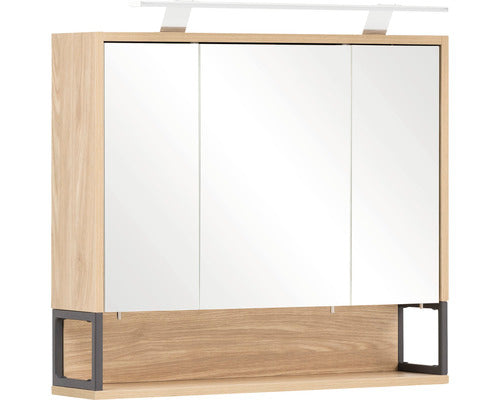 Dulap Baie cu Oglinda Limone 3 Usi, Iluminare LED, PAL, 70x68 cm, Stejar Deschis