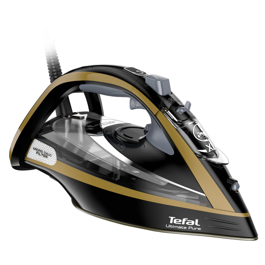 Fier de calcat Tefal Ultimate Pure FV9865, 3000 W, jet de abur 250 g/ min, abur variabil 0-60g/min, rezervor apa 350 ml, talpa Durilium AirGlide Autoclean, oprire automata, negru/auriu