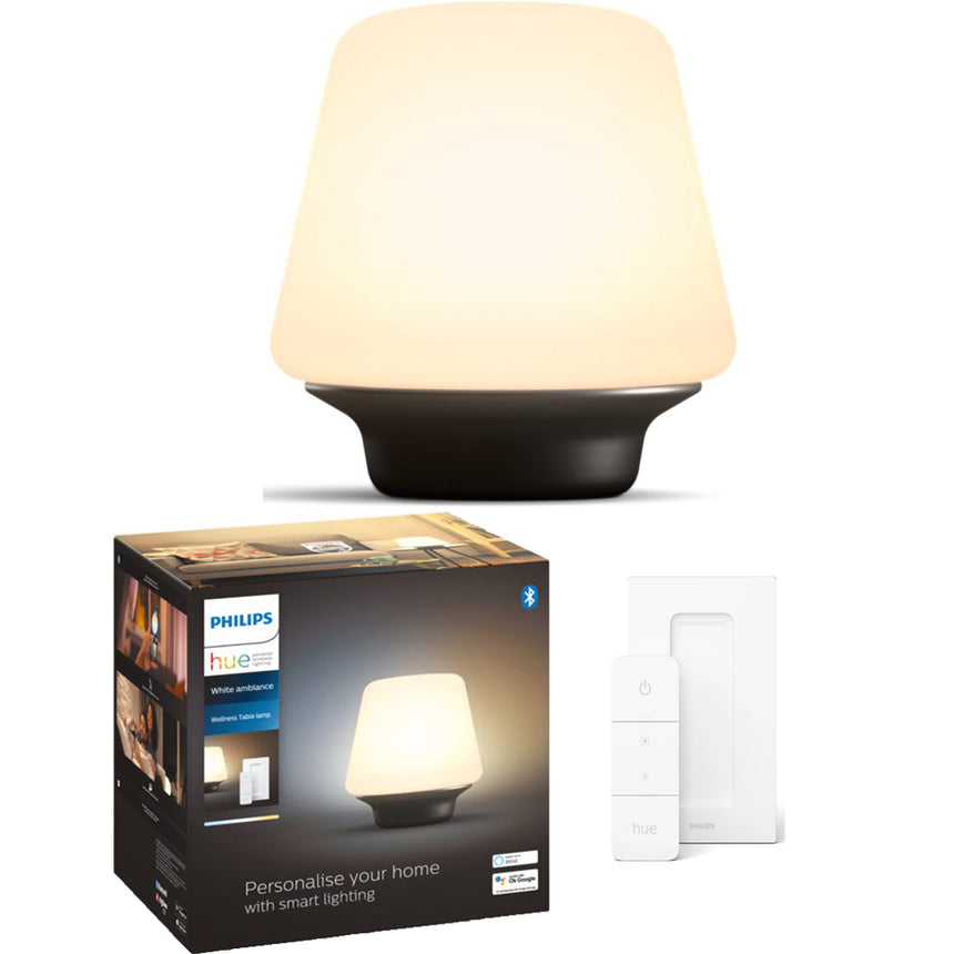 Lampa Philips Hue Wellness, Bluetooth, ZigBee Light Link, E27, 6W (60W), 806 lm, lumina ambianta alba (2200-6500K), 18.6cm, Sticla, Negru, Intrerupator cu variator inclus, clasa energetica F