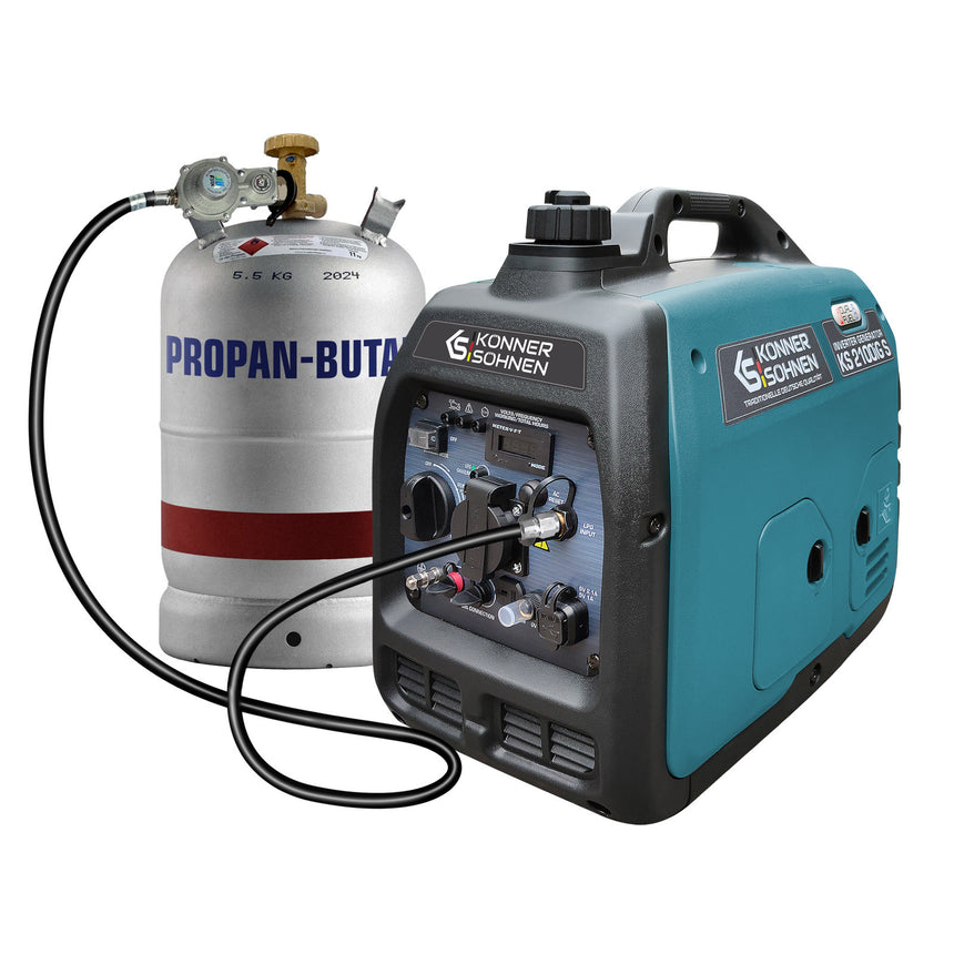 Generator curent inverter Könner Söhnen KS 2100iG S, 2.0 kW, gaz/benzina putere motor 3.3 CP, 230 V, pentru casa/rulota, consum redus, pornire manuala, model motor KS 110i