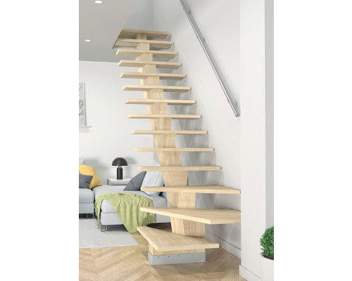 Scara de Interior cu Vang Central Pertura Agape Rasucita la 1/4 Stanga din Valchromat Sioux si Stejar Furniruit Fara Balustrada 15 Pasi 14 Trepte