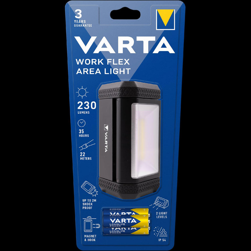 Lanterna LED Varta Work Flex Area Light, 230 lm, 2 moduri iluminare, carlig si magnet pentru prindere, IP54