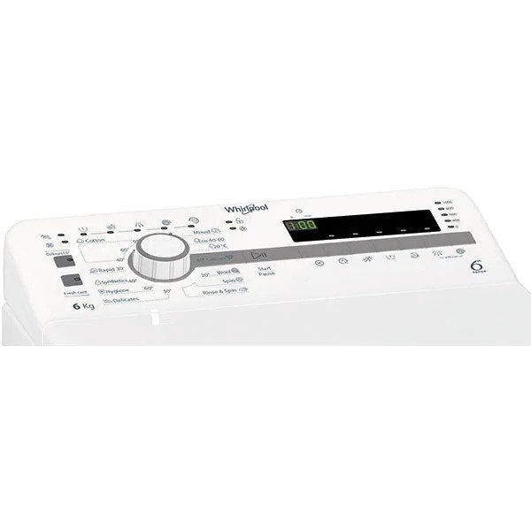 Masina de spalat rufe cu incarcare verticala Whirlpool TDLR6030SEUN, 6kg, 1000 RPM, Clasa D, Tehnologia Al 6-lea Simt, Alb
