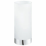 Veioza Damasco 1, EGLO, E27, 1x60W, otel, crom, sticla satinata, alba, 21.5 x 10 cm, intrerupator pe fir