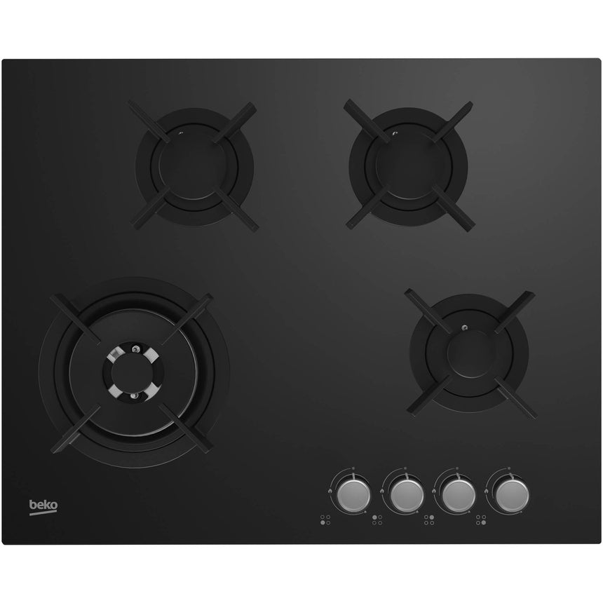 Plita incorporabila pe gaz Beko HINW64229S, 4 zone de gatit, HIGH-EFFICIENCY™ GAS BURNER, Gratar din fonta, Arzator Wok, 65 cm, Sticla neagra
