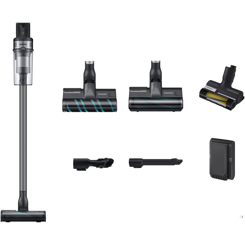 Aspirator vertical Samsung Jet 75E Complete VS20B75ACR5/GE, 0.8L, 25.2V, 550W, Digital Inverter, Perie Turbo pentru covoare, Perie Soft pentru parchet, perie Pet, 60 min autonomie, Argintiu