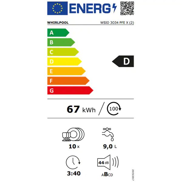 Masina de spalat vase, Whirlpool, WSIO 3O34 PFE X 10 setari, tehnologie 6Sense, PowerClean, clasa energetica D