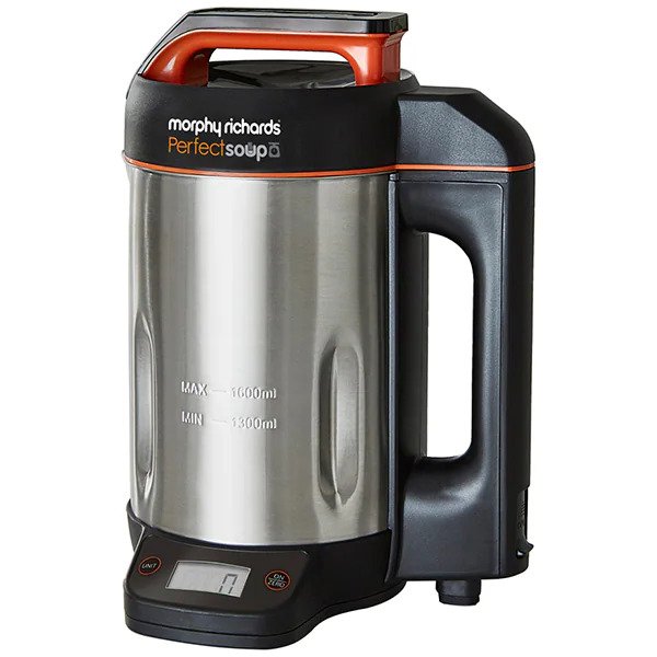 Aparat preparat supa crema Morphy Richards 501025 Perfect Soup Maker, 1000 W , 1,6 litri, 4 functii, cantar integrat, Negru/Argintiu