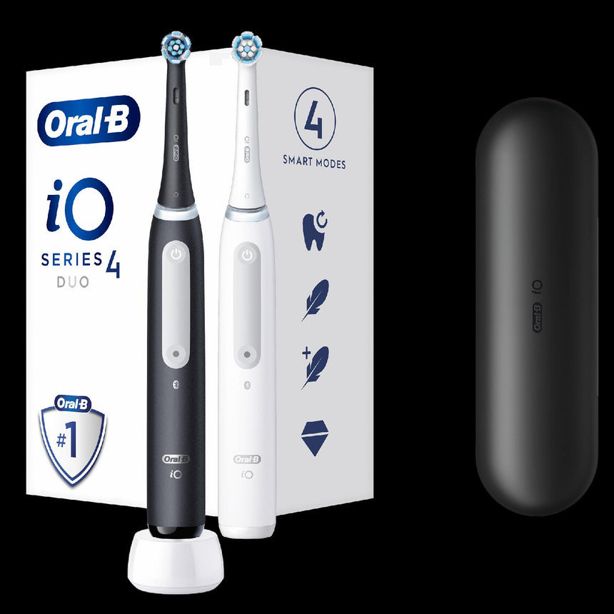 Set 2 x Periuta de dinti electrica Oral-B iO4 cu Tehnologie Magnetica si Micro-Vibratii, Senzor de presiune Smart, 4 moduri, 2 capete, Trusa de calatorie, Alb/Negru