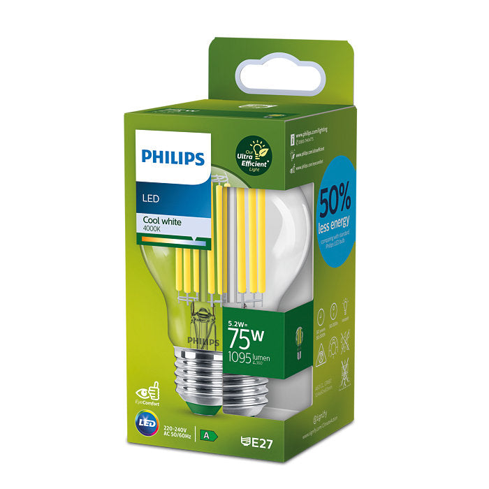 Bec LED cu filament Philips Ultra Efficient, A60, E27, 5.2W (75W), 1095 lm, lumina neutra (4000K), Clasa energetica A