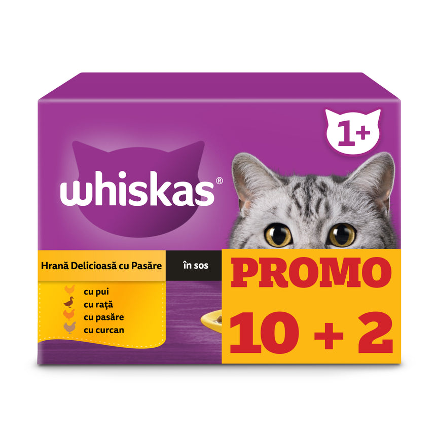 Hrana umeda pentru pisici Whiskas Pui, Rata, Pasare si Curcan (10 + 2) x 85 g