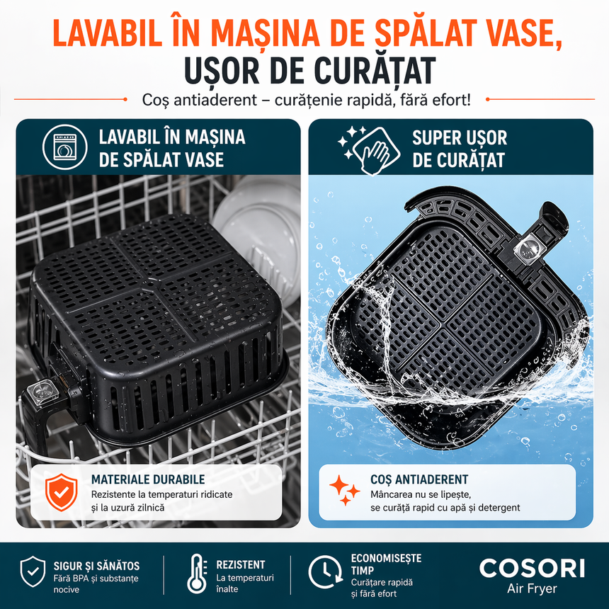 Friteuză fără Ulei Cosori 5.5L, 1700W, 11 Programe, Ecran Digital, Accesorii Grătar si Frigărui, Roșu