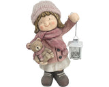 Decoratiune Lafiora Fetita Cu Felinar Din Piatra Artificiala H 42 Cm Roz