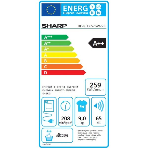 Uscator de Rufe SHARP KD-NHB9S7GW2-EE, Pompa de Caldura, 9 kg, 15 Programe, Clasa A++, Alb