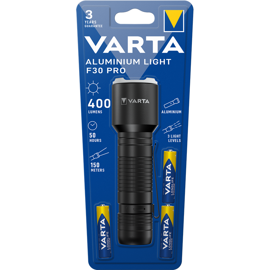 Lanterna LED Varta Aluminium Light F30 Pro, 400 lm, 3xAAA, Aluminiu, Negru