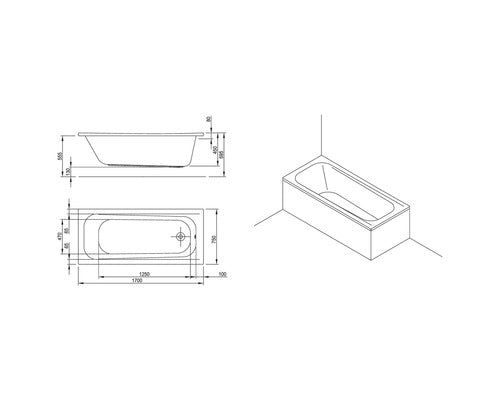 Cada de Baie Rectangulara Jungborn Calista, 170x75x45 cm, Acril, Alb