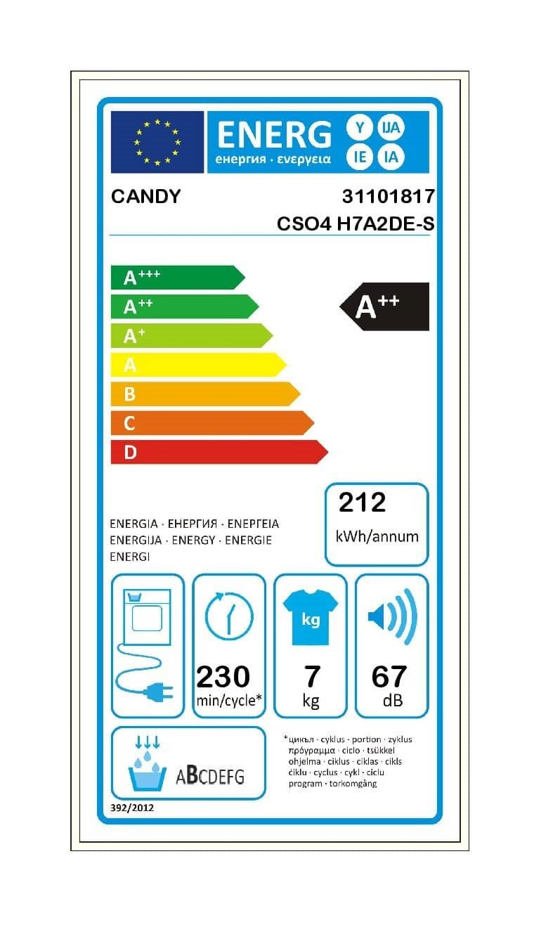 Uscator de rufe Slim Candy CSO4H7A2DE-S, Pompa de caldura, 7 kg, Clasa E, 14 programe, Wi-Fi, Alb