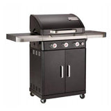 Gratar gaz Landmann Rexon 3+1 arzatoare x 3.7 kw din inox, suprafata de gatit din fonta 64 x 40 cm, termometru in capac, sistem ardere PTS, tava colectare grasime, arzator lateral 3 kw, cabinet