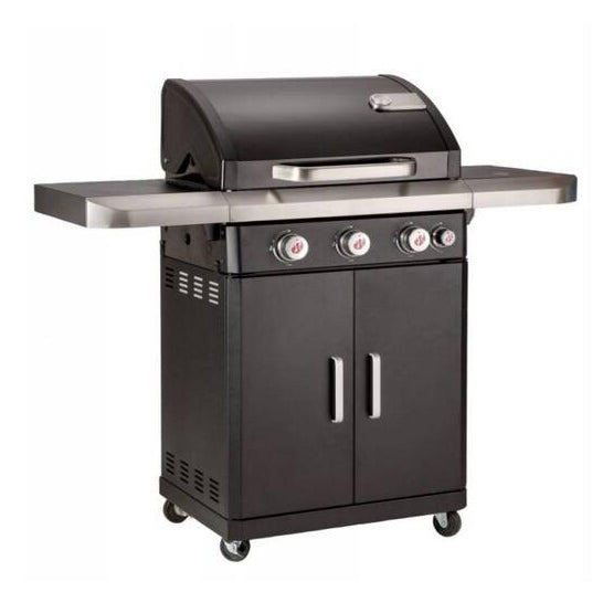 Gratar gaz Landmann Rexon 3+1 arzatoare x 3.7 kw din inox, suprafata de gatit din fonta 64 x 40 cm, termometru in capac, sistem ardere PTS, tava colectare grasime, arzator lateral 3 kw, cabinet