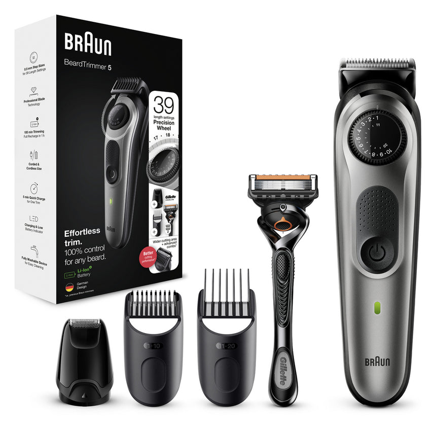 Aparat de tuns barba Braun Beard Trimmer BT7320, Wet&Dry, buton rotativ de precizie, lame de metal, 39 de setari pentru lungime, 2 piepteni, 1 mini cap de ras cu lama, Aparat de ras Gillette, Saculet de voiaj, Negru/Argintiu