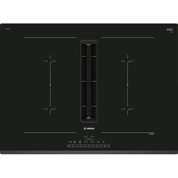 Plita incorporabila Bosch PVQ731F15E, Inductie, 4 zone de gatit, Mod hota integrat, Timer, QuickStart, Detectare vase, 70cm, Negru