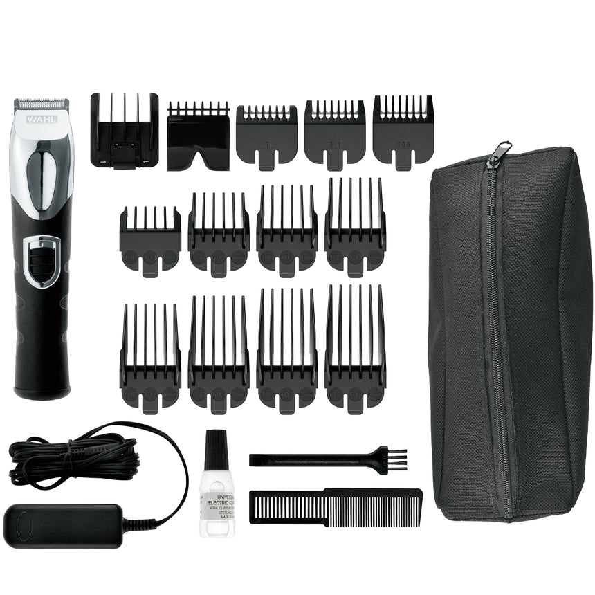 Aparat de tuns barba Wahl Grooming 09854-2916, alimentare acumulator, 180 minute autonomie, 19 trepte taiere, lame carbon, 12 capete ghidare incluse, negru