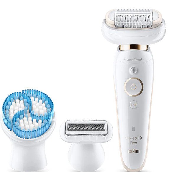 Epilator Braun Silk-épil 9 9/9010 Sistem Flex, SensoSmart™, Micro-Grip, Wet & Dry, 40 pensete, 2 viteze, cap de ras, perie pentru exfoliere, Geanta pentru voiaj, Alb/Auriu