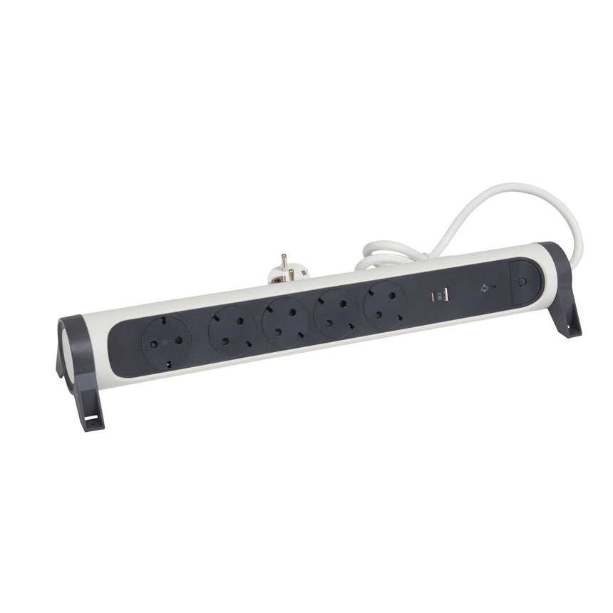 Prelungitor rotativ Legrand Revolution L694510, USB tip A si C, 3A-5V 15W, 5 prize, protectie supratensiune, intrerupator iluminat, indicator LED, sectiune cablu 3x1.5mm, cordon 1.5m, Alb/Gri inchis