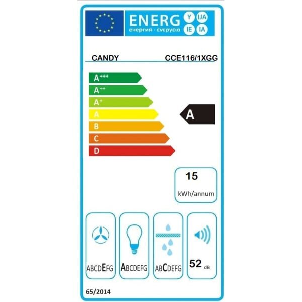 Hota decorativa Candy CCE116/1XGG, capacitate de absorbtie 285m3/h, 3 trepte de viteza, iluminare Led, clasa A, 60 cm, inox