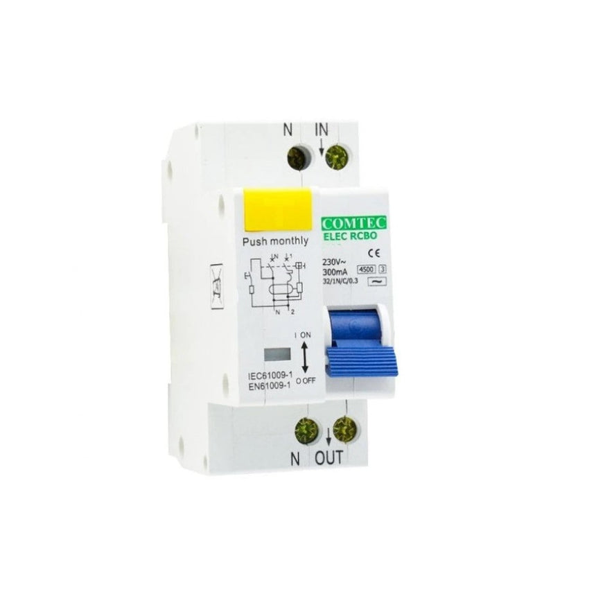 Siguranta automata diferentiala, din plastic, amperaj 20A, 1 pol, tensiune alimentare 230 V, clasa de protectie IP 20, Comtec, Alb