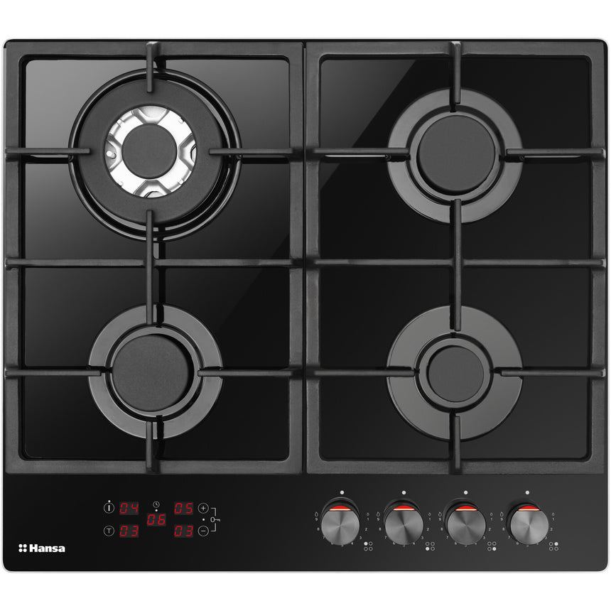 Plita incorporabila Hansa BHKS651599, Gaz, 4 Arzatoare, Arzator wok, Aprindere electrica, Negru