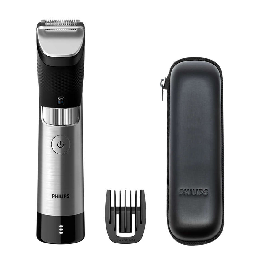 Aparat de tuns barba Philips Prestige BT9810/15, 30 de setari, 0.4-10 mm, tehnologie SteelPrecision, lame 100% metal, senzor PowerAdapt, rezistent la apa, toc de transport, Negru/Metalic