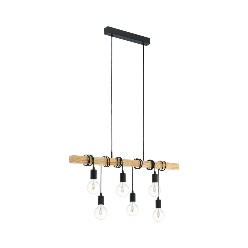 Pendul vintage Townshend, EGLO, 6xE27, otel negru, lemn, maro, 110 x 100 x 10 cm, inaltime reglabila, IP20