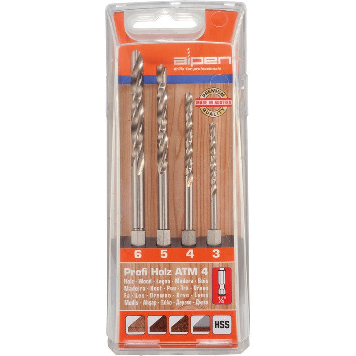 Set 4 burghie pentru lemn Alpen ATM-4, HSS Super, 3-6mm, in carcasa plastic