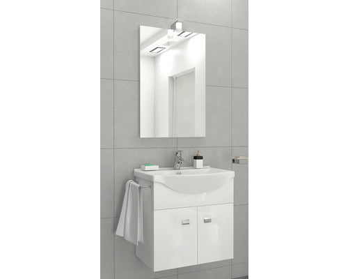 Set Mobilier Baie, Emma, Include Baza Lavoar, Lavoar Ceramic si Oglinda cu Iluminare, Alb