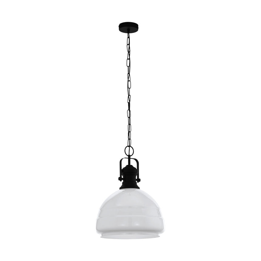 Pendul vintage COMBWICH 1, EGLO, E27, 1x60W, otel, negru, sticla opal, alb lucios, 110 x 38 cm, inaltime reglabila