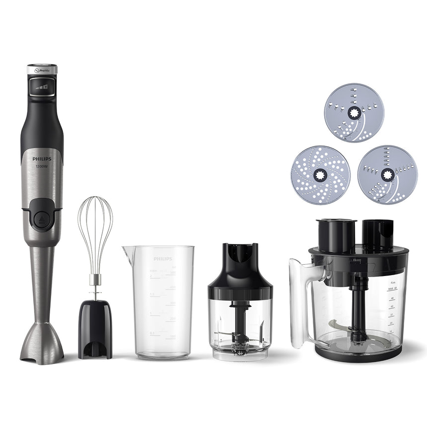 Mixer vertical Philips HR2685/00 Seria 5000, 1200 W, Tehnologie SpeedTouch, Aparatoare impotriva stropirii pentru lama, Indicator de viteza cu LED, Accesorii robot de bucatarie, tel si tocator, negru/argintiu