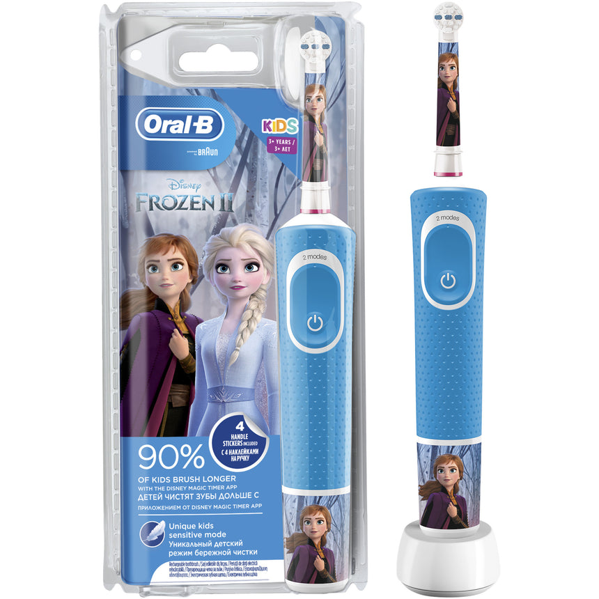 Periuta de dinti electrica pentru copii Oral-B Vitality Frozen, 7600 oscilatii/min, Curatare 2D, 1 program, 2 capete, Albastru/Roz
