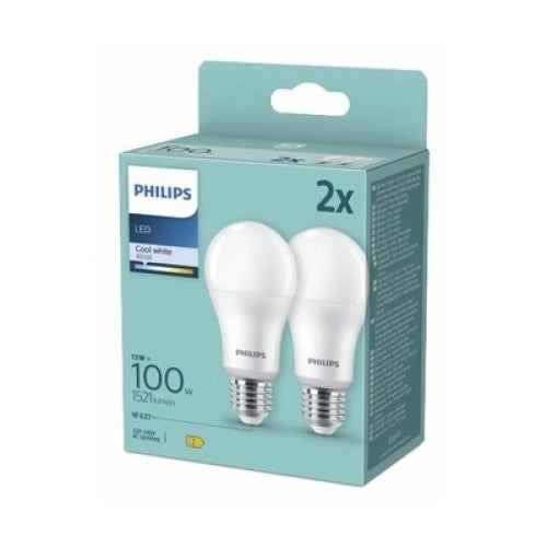 Pachet 2 becuri LED Philips A67, E27, 13W (100W), 1521 lm, lumina neutra (4000K), Clasa energetica E