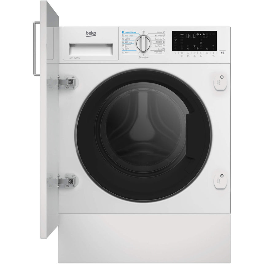 Masina de spalat rufe incorporabila cu uscator Beko BI5DBT68447W, 1400 RPM, Spalare 8 kg, Uscare 5 kg, SteamCure, Motor ProSmart Inverter, AddXtra, Hygiene+Steam, Silent Tech, SteamCure, Recycled Tub, Homewhiz through WiFi, Clasa D, Alb