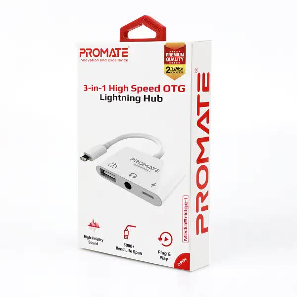 Adaptor Audio PROMATE MediaBridge-i, Lightning - Type C/USB/Jack 3.5mm, Alb