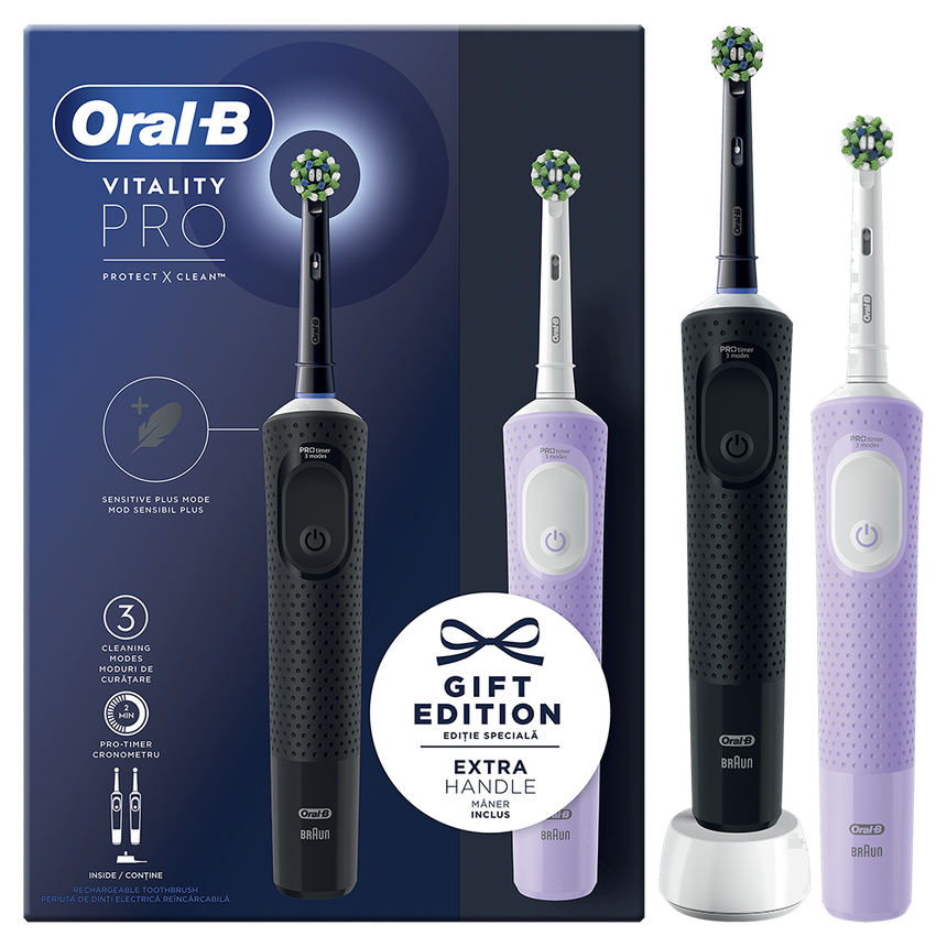 Set 2 x Periuta de dinti electrica Oral-B Vitality Pro, Curatare 2D, 3 programe, 1 Incarcator, 2 Capete, Negru/Violet