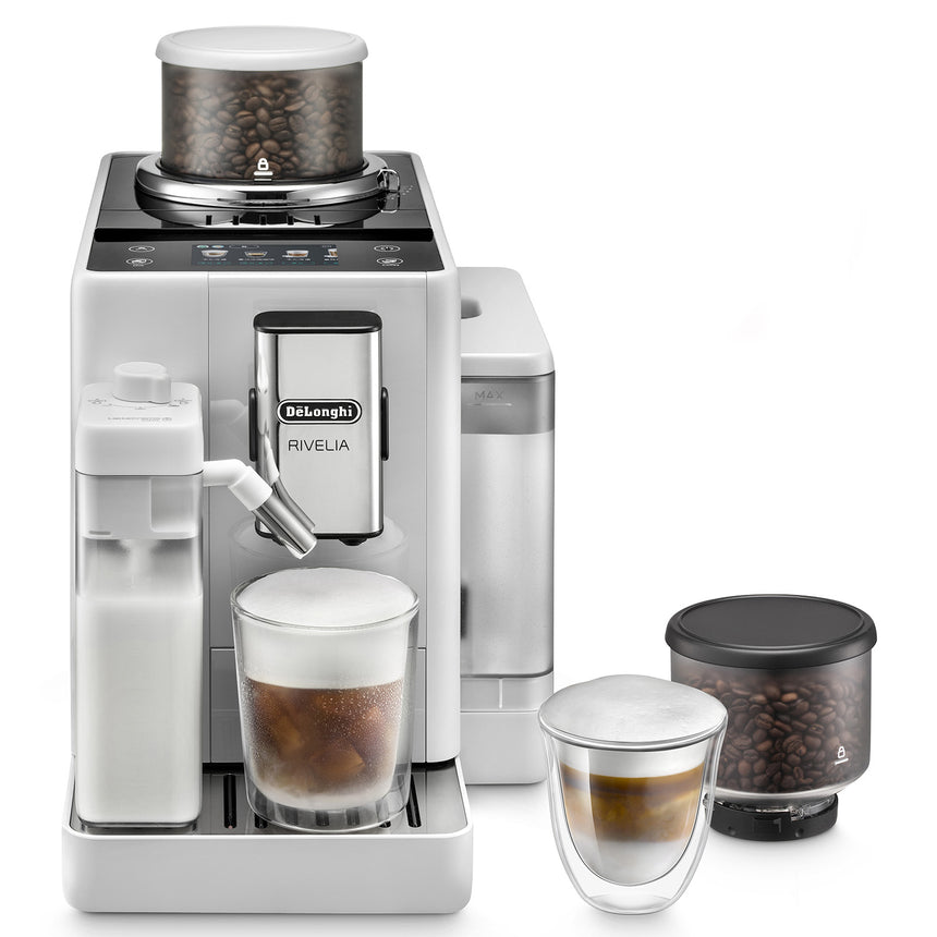 Espressor automat De'Longhi Rivelia EXAM440.55.W, 0132215473, 1450W, 18 tipuri de bauturi, 19 bari, 2 recipiente pentru boabe, Tehnologie Bean Adapt, Carafa de lapte cu tehnologie LatteCrema Hot, Alb